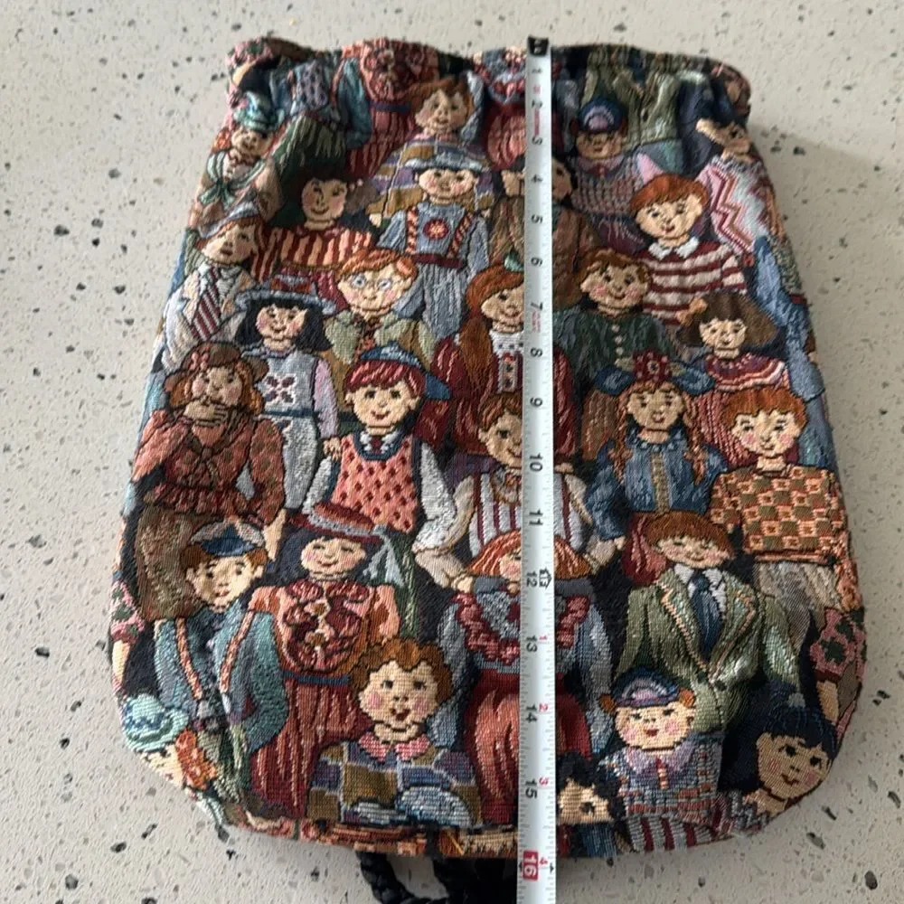 Vintage Children All Around the World Tapestry Drawstring Backpack Handmade Bag
